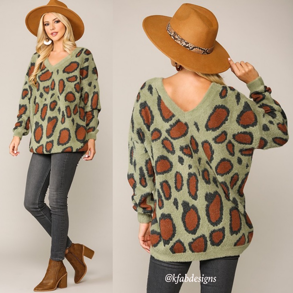 SAMPLE! The Softest V Neck So Soft Animal Print Sweater with V Back!